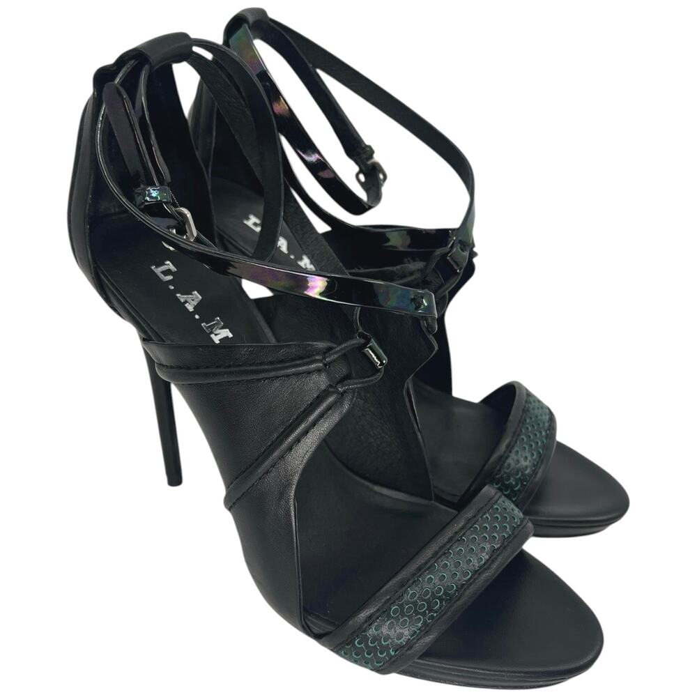 L.A.M.B. Gwen Stefani Black Leather Strappy Heels Iridescent Strap Stiletto 6.5